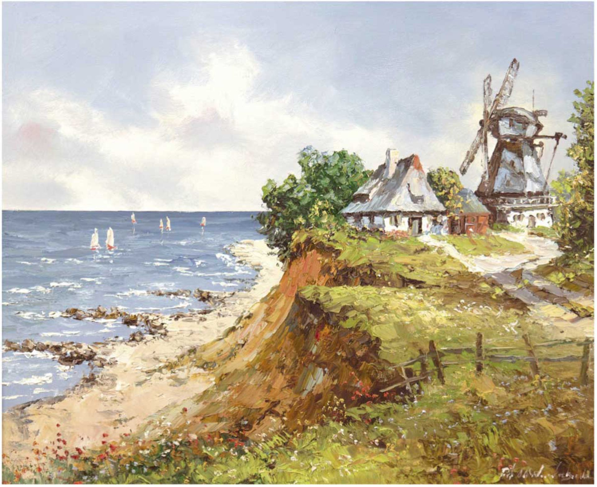 "Brodtner Steilküste mit Windmühle", Öl/Lw., undeutl. sign. u.r. und rückseitigbezeichnet, 59x70 cm,