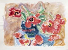 Hauptmann, Ivo (1886 Erkner-1973 Hamburg/Dresden) "Tulpenstrauß in blauer Vase",Aquarell/Stift/