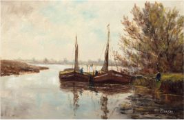 Jansen (20. Jh.) "Fischerboote und Angler am Ufer", Öl/Hf., sign. u.r., 50x70 cm, Rahmen