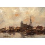 Hambüchen, Wilhelm (1869 Düsseldorf-1939 ebenda) "Segelschiffe im Flämischen Hafen",Öl/Malkarton,
