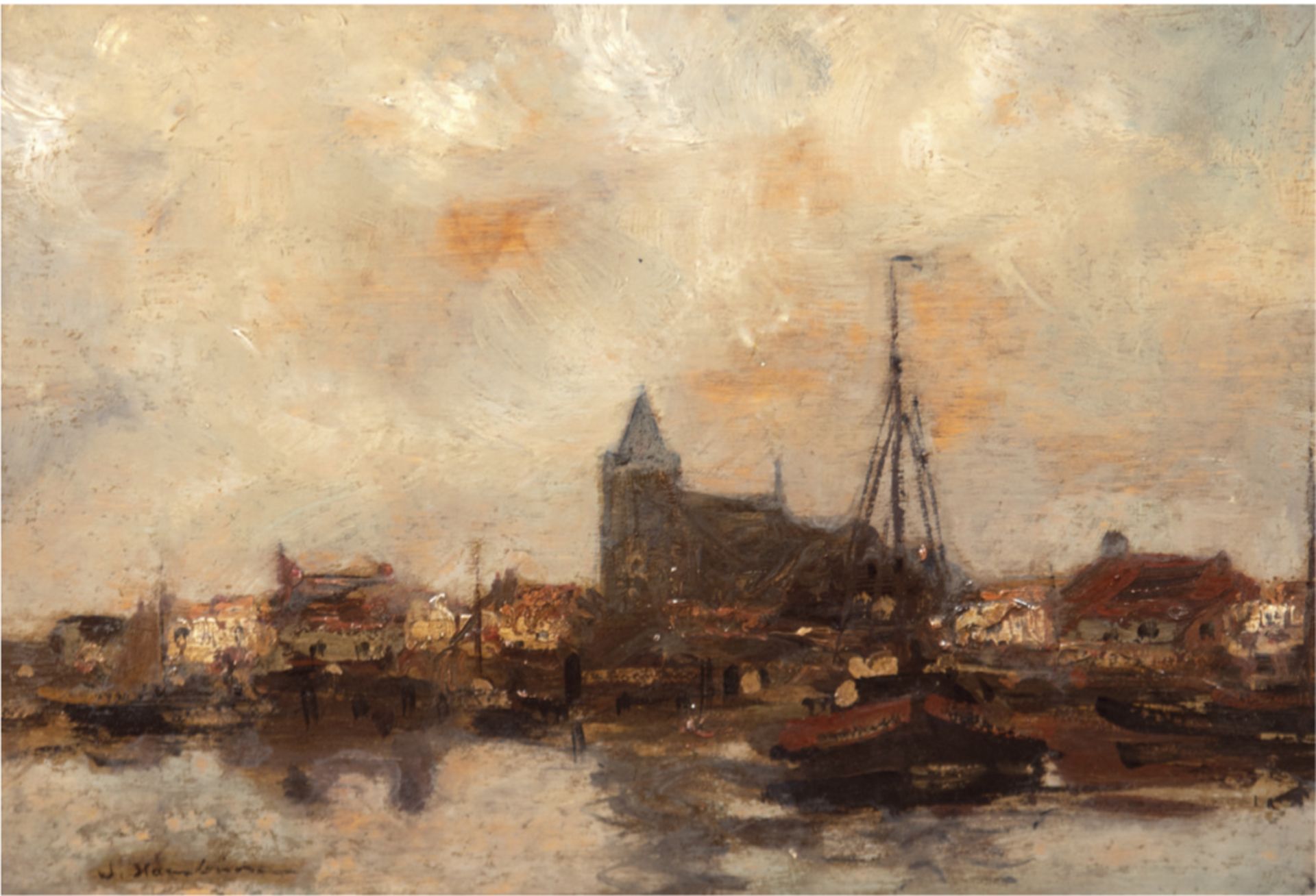 Hambüchen, Wilhelm (1869 Düsseldorf-1939 ebenda) "Segelschiffe im Flämischen Hafen",Öl/Malkarton,