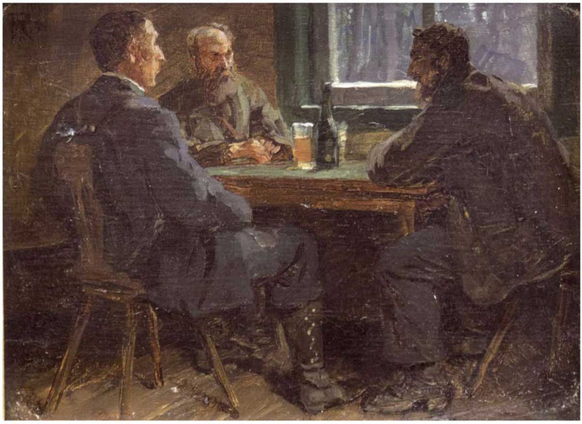 "Besprechung in der Gaststube", Öl/Hp., monogr. "MR" und dat. '94, 13x17,5 cm, Rahmen