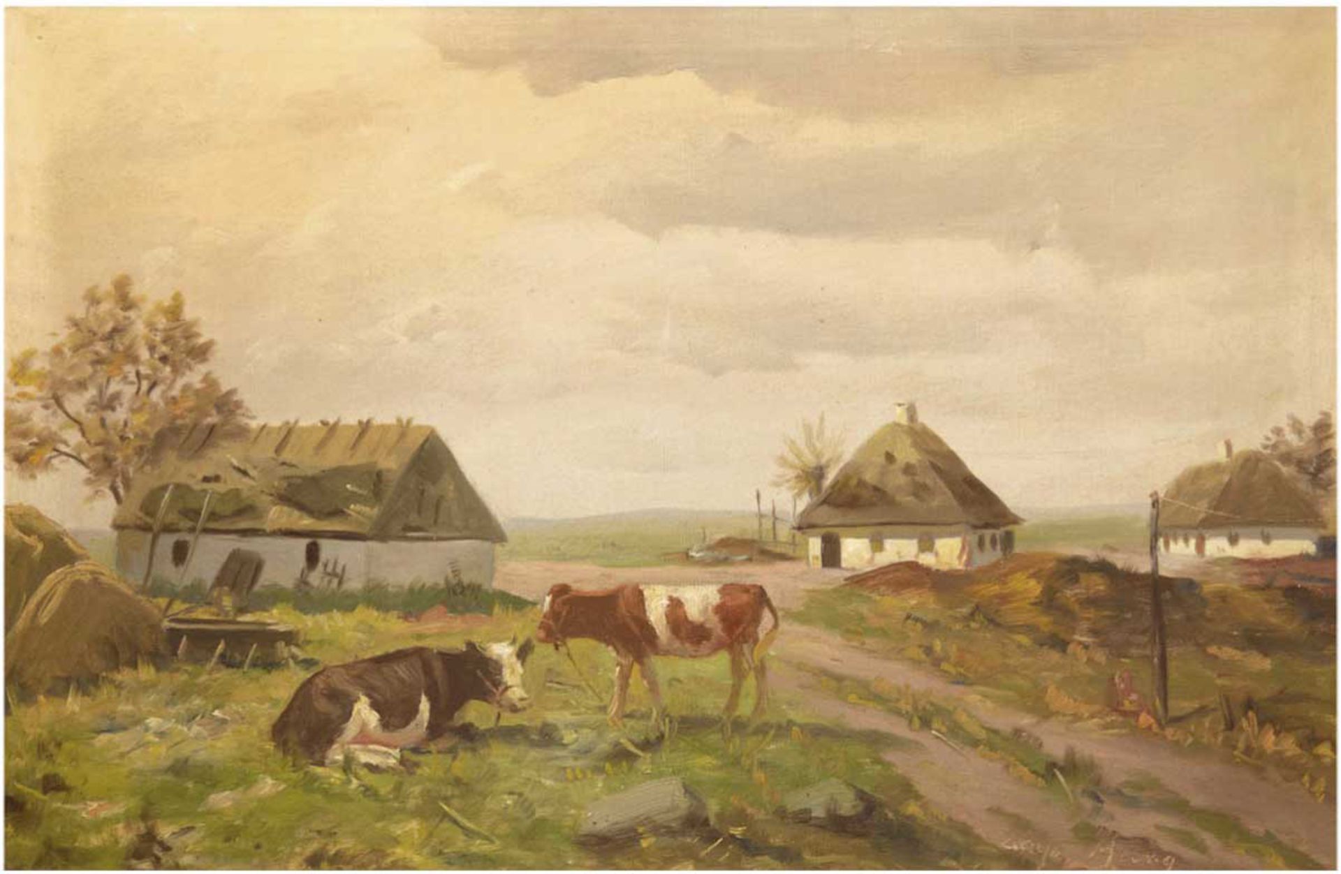 Maler 20. Jh. "Kühe auf Gehöft", Öl/Lw., unleserl. signiert u.r., 44x64 cm, Rahmen