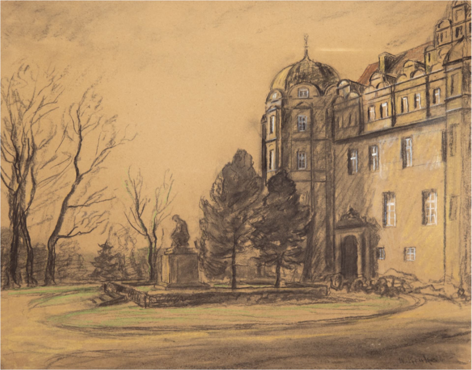 Kruke, Wilhelm (1887-1978) "Schloß in Celle", Mischtechnik, weiß gehöht, 51x61 cm, hinterGlas und