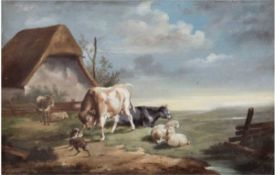 Landschaftsmaler "Bauernscheune und Tiere auf der Weide", Öl/Holz, unsign., 22x36 cm,Rahmen