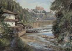 Melcher "Südböhmische Flußlandschaft mit Wassermühle", Öl/SH, sign. u. dat. '53 u.l.,35x50 cm,