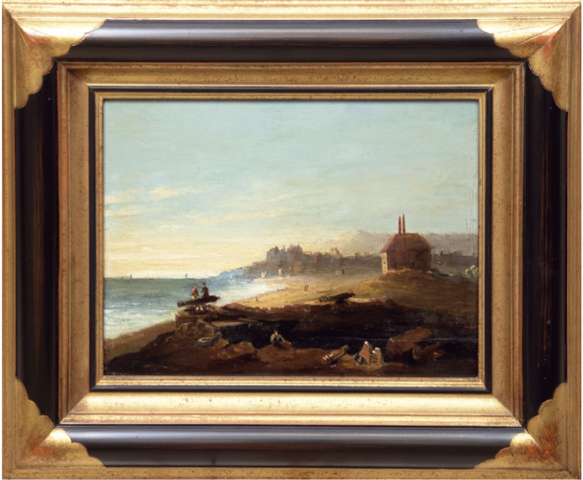 Maler Ende 19. Jh. "Küstenlandschaft", Öl/Holz, unsigniert, 21x27,5 cm, Rahmen