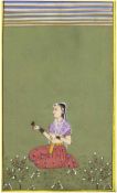 "Junge Frau in der Landschaft sitzend", Indien 19./20. Jh., Feder, Tempra u.Deckfarben/Papier, 17,