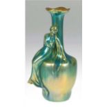 Vase, Zsolnay Pecs, Keramik, 20. Jh., Glasur grün irisierend, figürlich, plastische jungeDame im