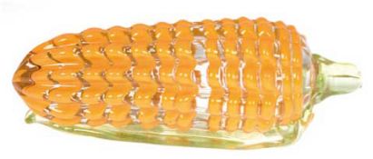 Murano-Maiskolben, farbloses Glas mit orangenen Aufschmelungen, Stiel und Blatt aushellgrünem