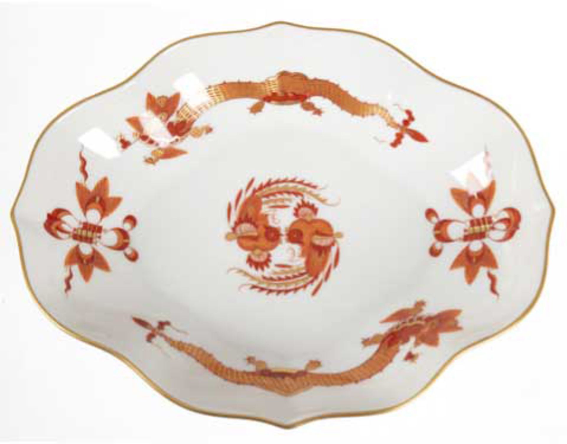 Meissen-Schälchen, Reicher Drache, rot und goldschattiert, mit Goldrand,1. Wahl, ovoideForm, L. 19