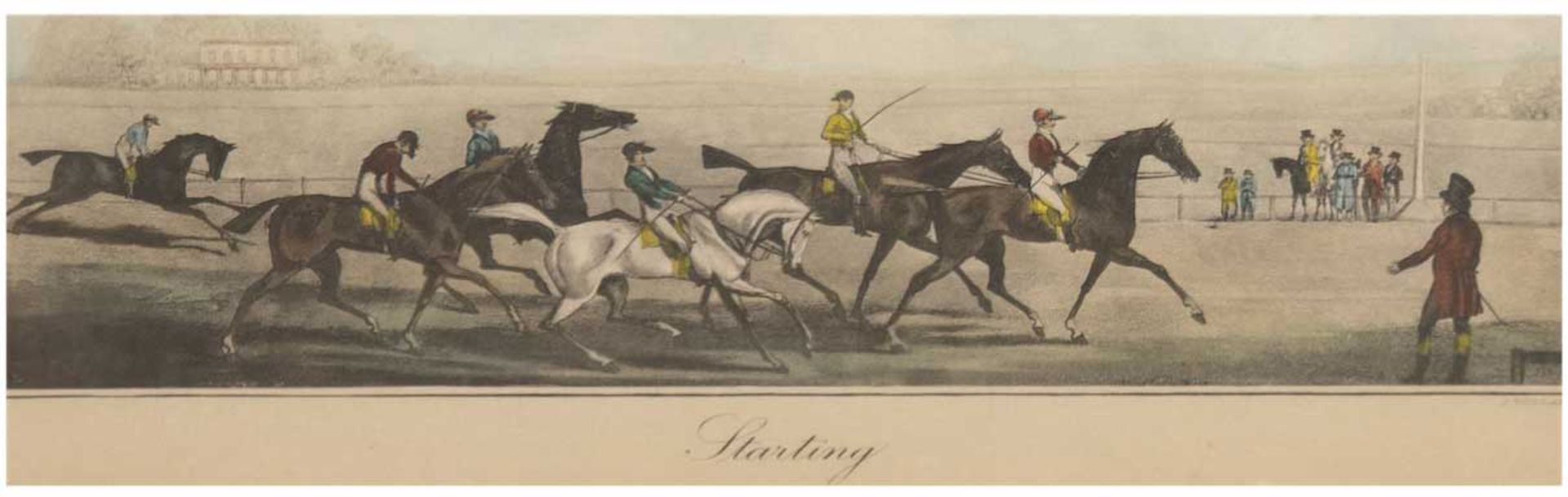 Pollard, James (1792-1867) "Starting", Aquatintaradierung, 13,5x36,5 cm, Blatt 20x44,5 cm,hinter