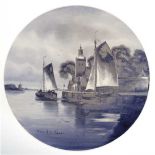 Wandteller, Delft, grau/blaue Malerei nach einem Motiv von A. le Camte "Segelboote", Dm.35 cm