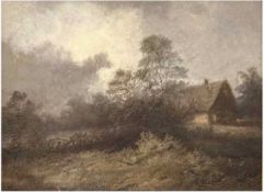 Romantiker des 19. Jh. "Landschaft mit Bauernhaus", Öl/Lw./Holz, unsign., 20x27 cm, Rahmen