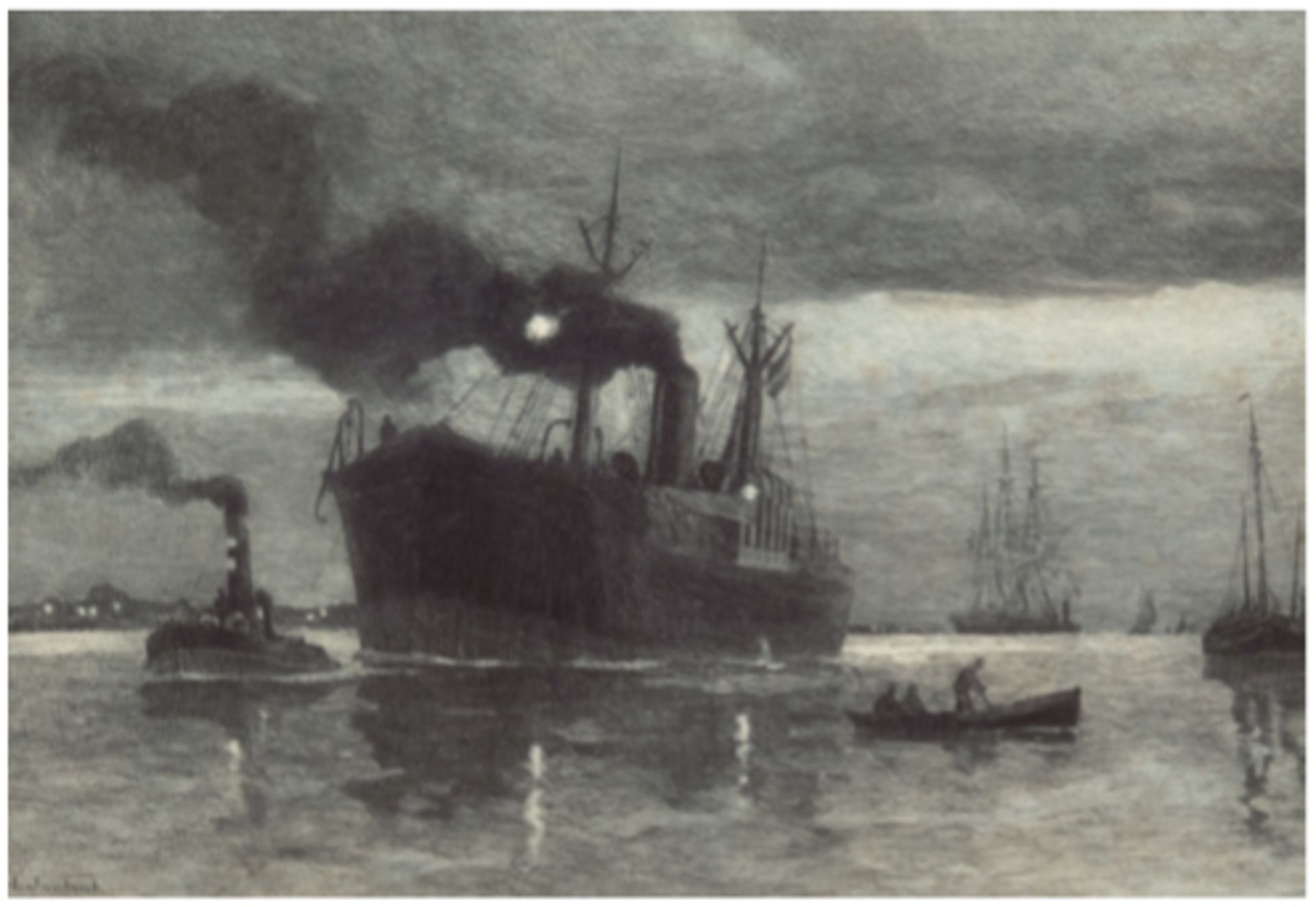 Sandrock, Leonard (1867 Neumark/Schlesien-1945 Berlin) "Im Hafen", Aquatinta-Radierung, inder Platte