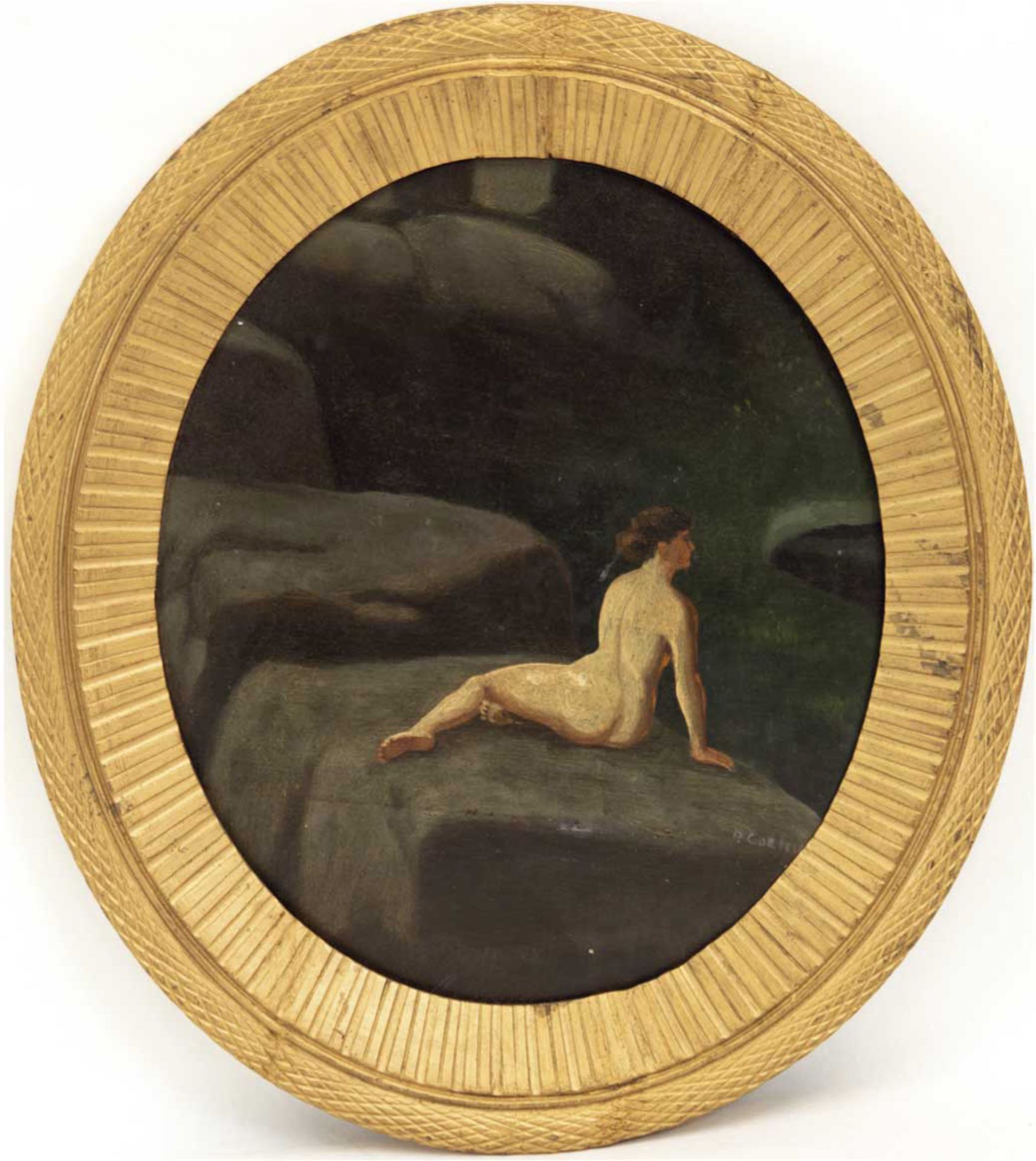 Cornu, Pierre (1895-1996) "Weiblicher Akt auf Felsen", Öl/Mp., sign. u.r., oval, 32,5x27,5cm,