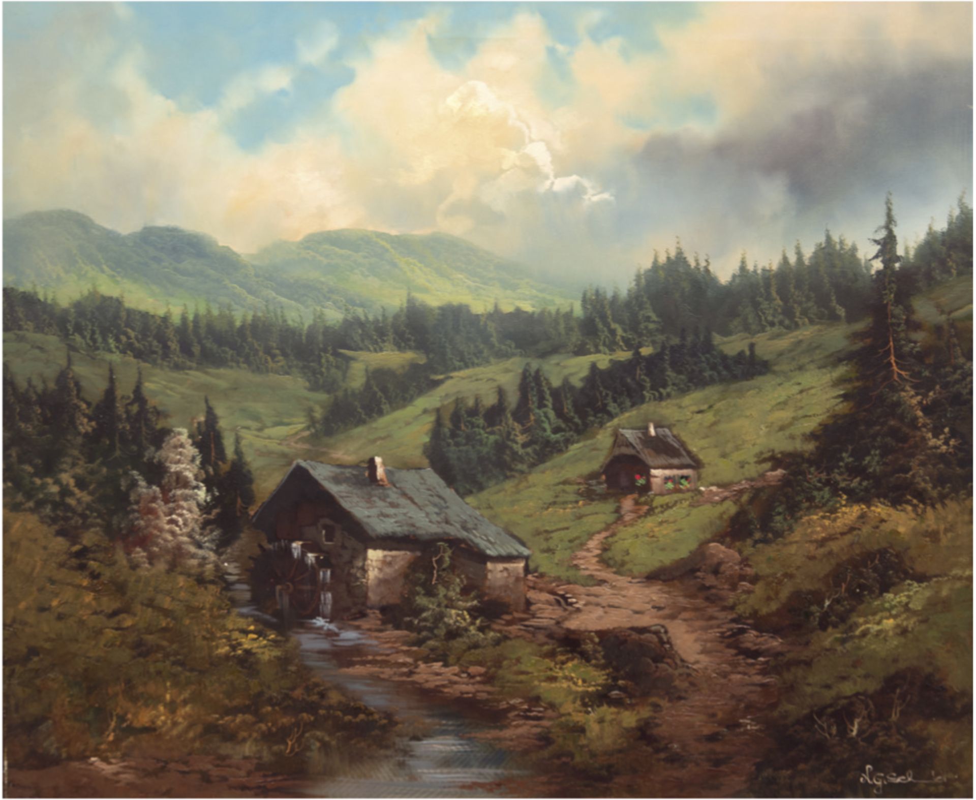 Schmidt, N.G. (2. H. 20. Jh.) "Hügelige Landschaft mit Mühle am Bach", Öl/Lw., sign. u.r.,70x80 cm