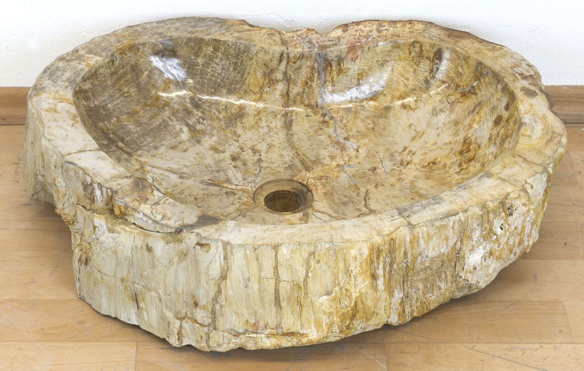 Waschbecken, versteinertes Holz, asymmetrisch Form, innen glasiert, 14x57x43 cm