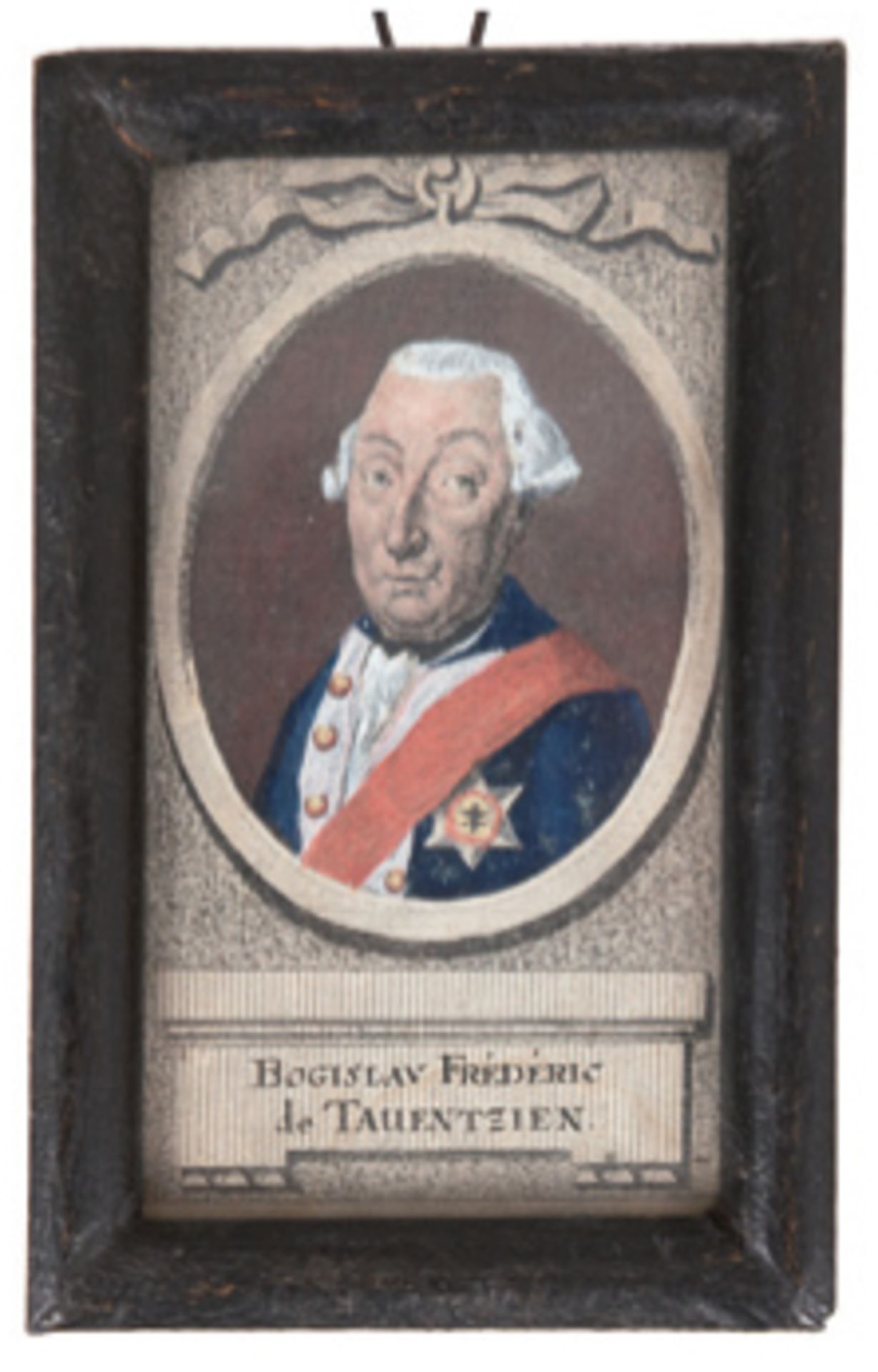 Miniatur "Bogislav Frédéric de Tauenzien 1710-1791", Kolor. Kupferstich, 18. Jh., 9x5 cm,im