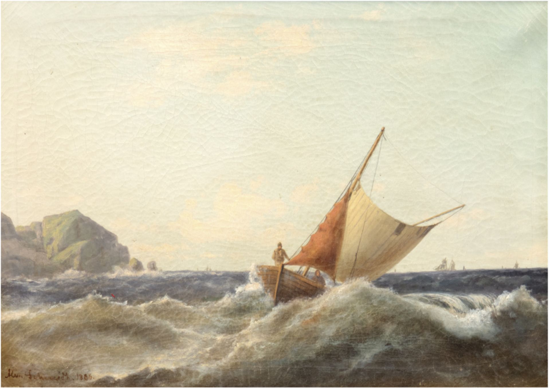 Schmidt, "Fischerboot vor Küste", Öl/Lw., sign. u.l., 35x47 cm, Rahmen