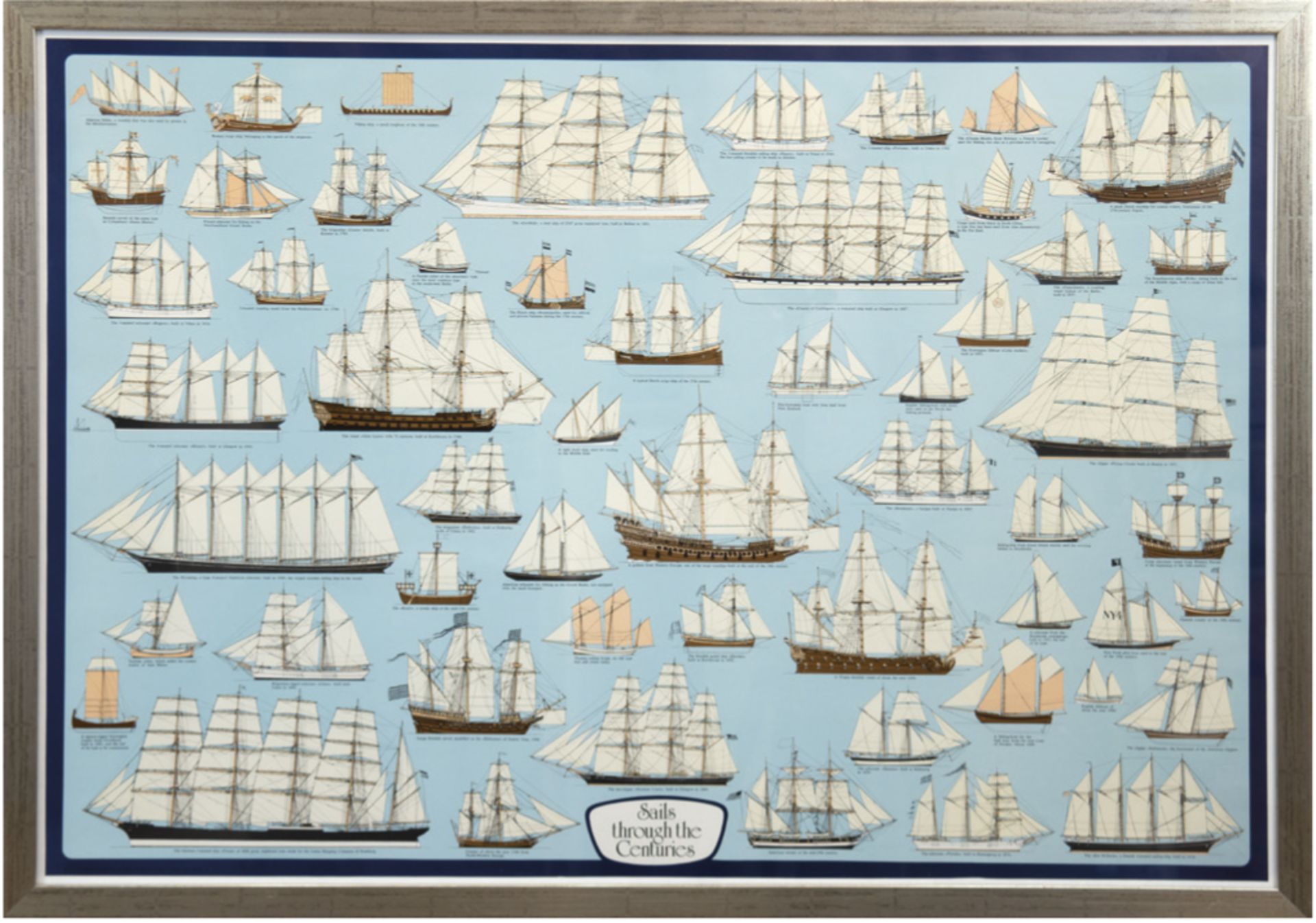 "Segelschiffe der verschiedenen Jahrhunderte", Kunstdruck, 70x100 cm, hinter Glas imRahmen
