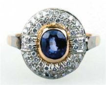 Ring, 750er GG, Saphir 1,43 ct., feine Farbe, Brillanten 0,48 ct., Ringkopf 1,6 x 1,5 cm,