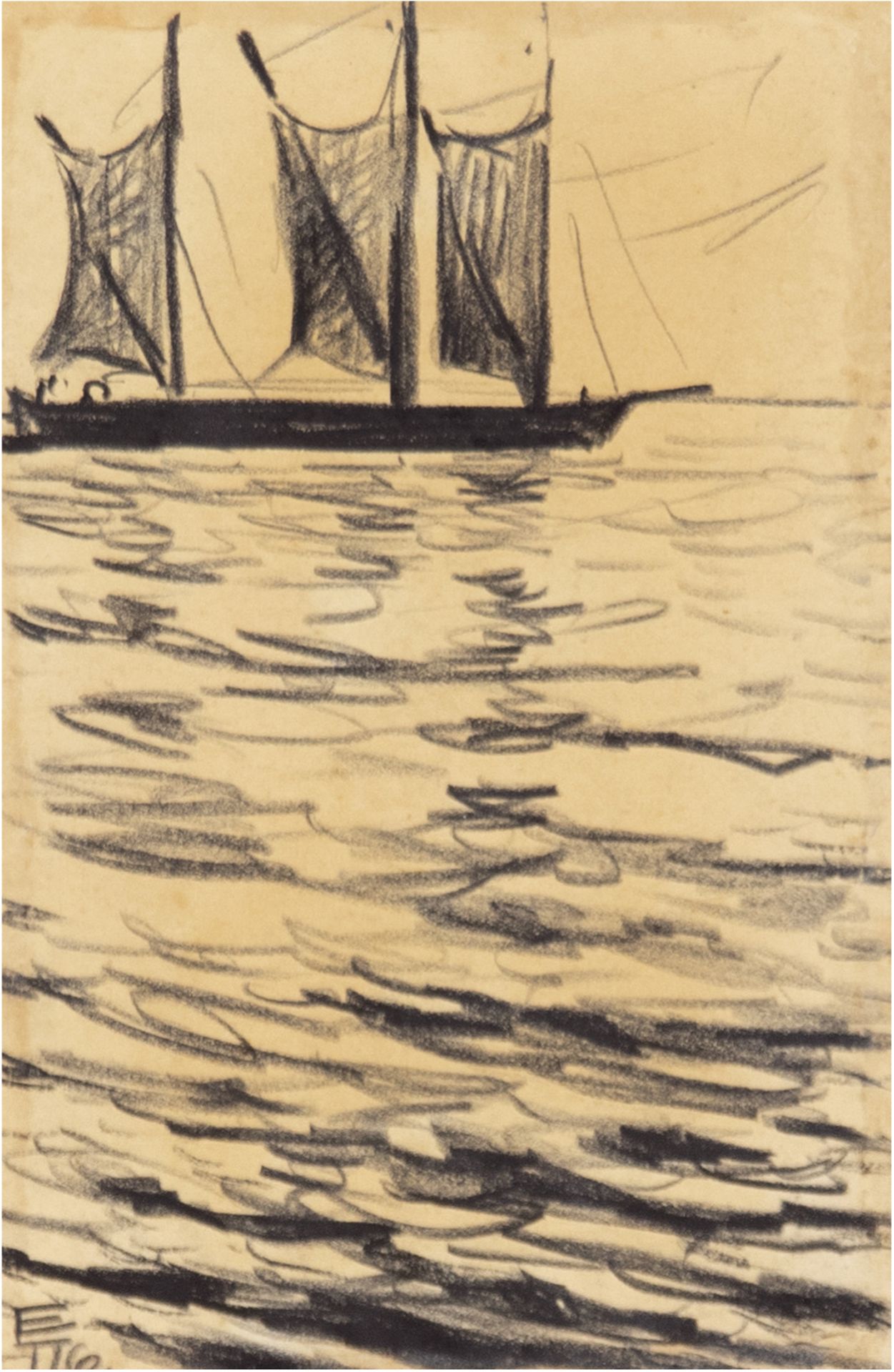 Tschirch, Egon (1889 Rostock-1948 Rostock) "Segelboot auf offener See", Kohlezeichnung,monogr. u.