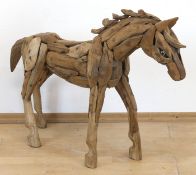 Pferd, gefertigt aus zusammengefügten Strandholzstücken, Glasaugen, 61x98x22 cm