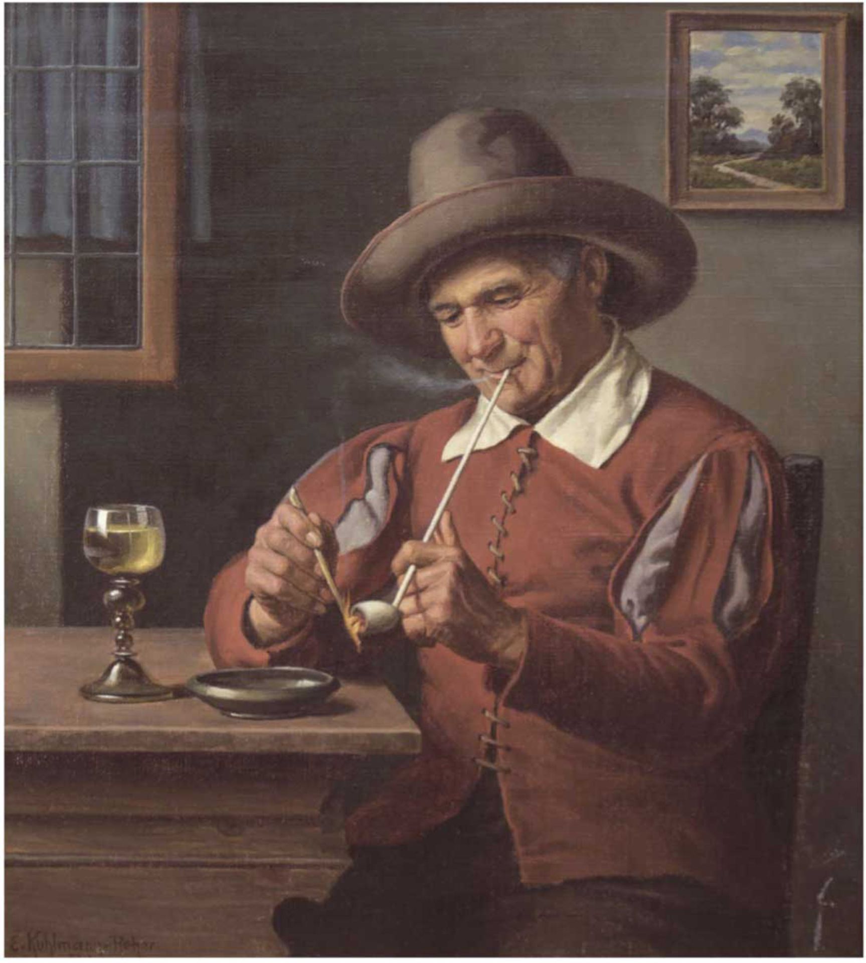 Kuhlmann-Reher, Emil (1886 Reher- 1957 München) "Mann in Tracht bei einem Glas Weinsitzend und