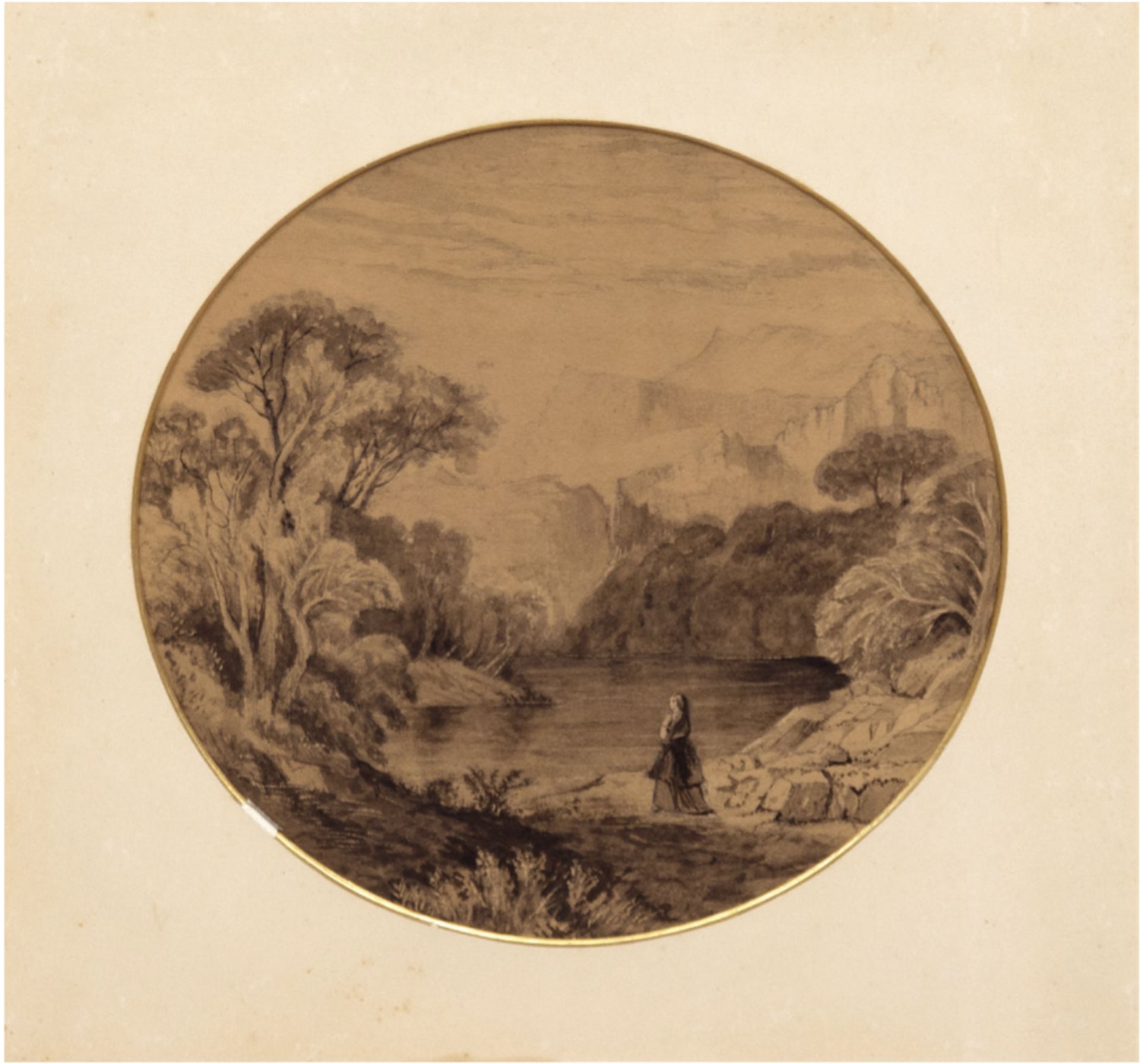 Maler des 19. Jh. "Romantische Landschaft", Zeichnung, im Passepartout mit rundemAusschnitt, Dm.