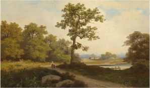 Heyn, Heinrich Eduard (1856 Düsseldorf-1932 ebenda) "Weite Landschaft mitPersonenstaffage", Öl/