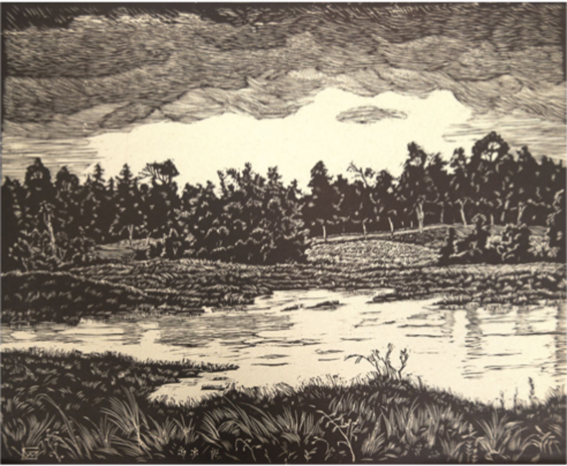 Grunert, Wilhelm Julius Ludwig (1891 Lehrte- 1963 Hamburg) "Landschaft in Ostpreußen",Holzschnitt,