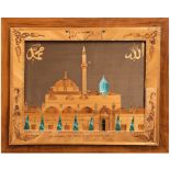 Collage "Moschee in Istanbul", feine Stroh- und Papierarbeit auf Stoff, farblichabgesetzt, mittig