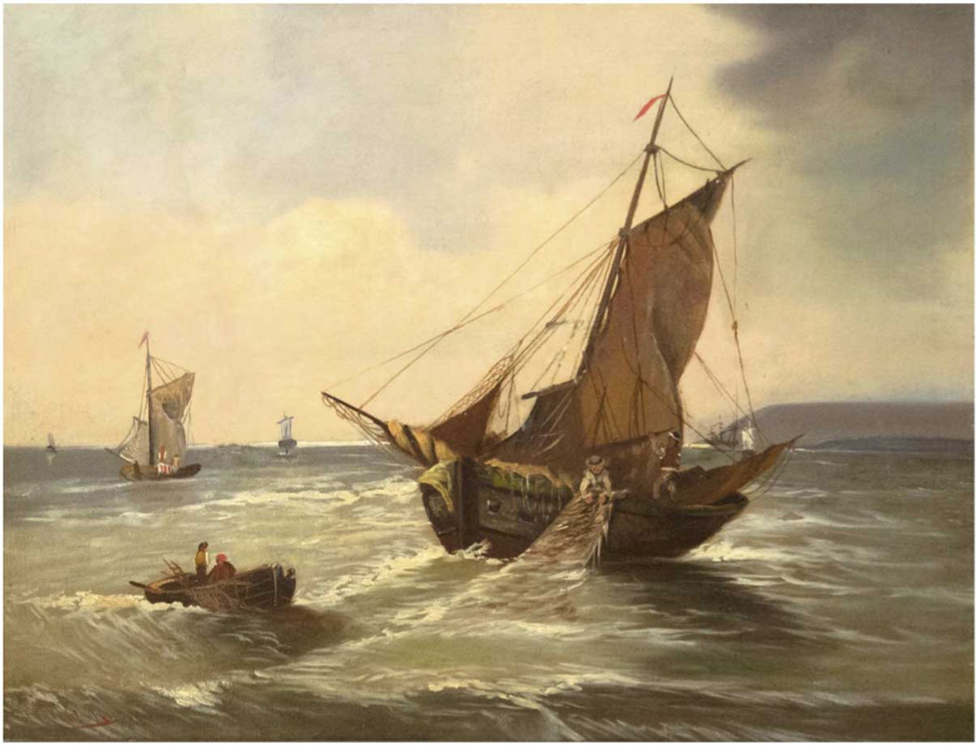 Velten, H. (Marinemaler um 1900) "Fischerboote vor Küste", Öl/Hf., sign. u.l., 55x69 cm,Rahmen