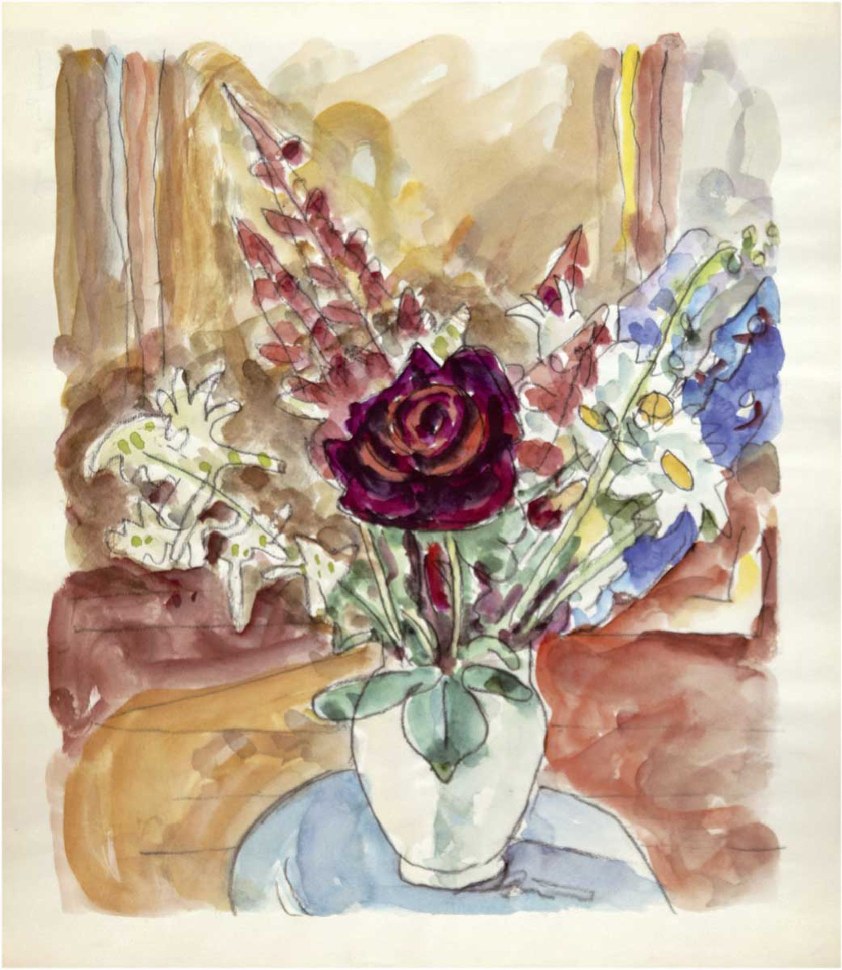 Hauptmann, Ivo (1886 Erkner-1973 Hamburg/Dresden) "Blumenstilleben mit Rose", Aquarell,50er Jahre,