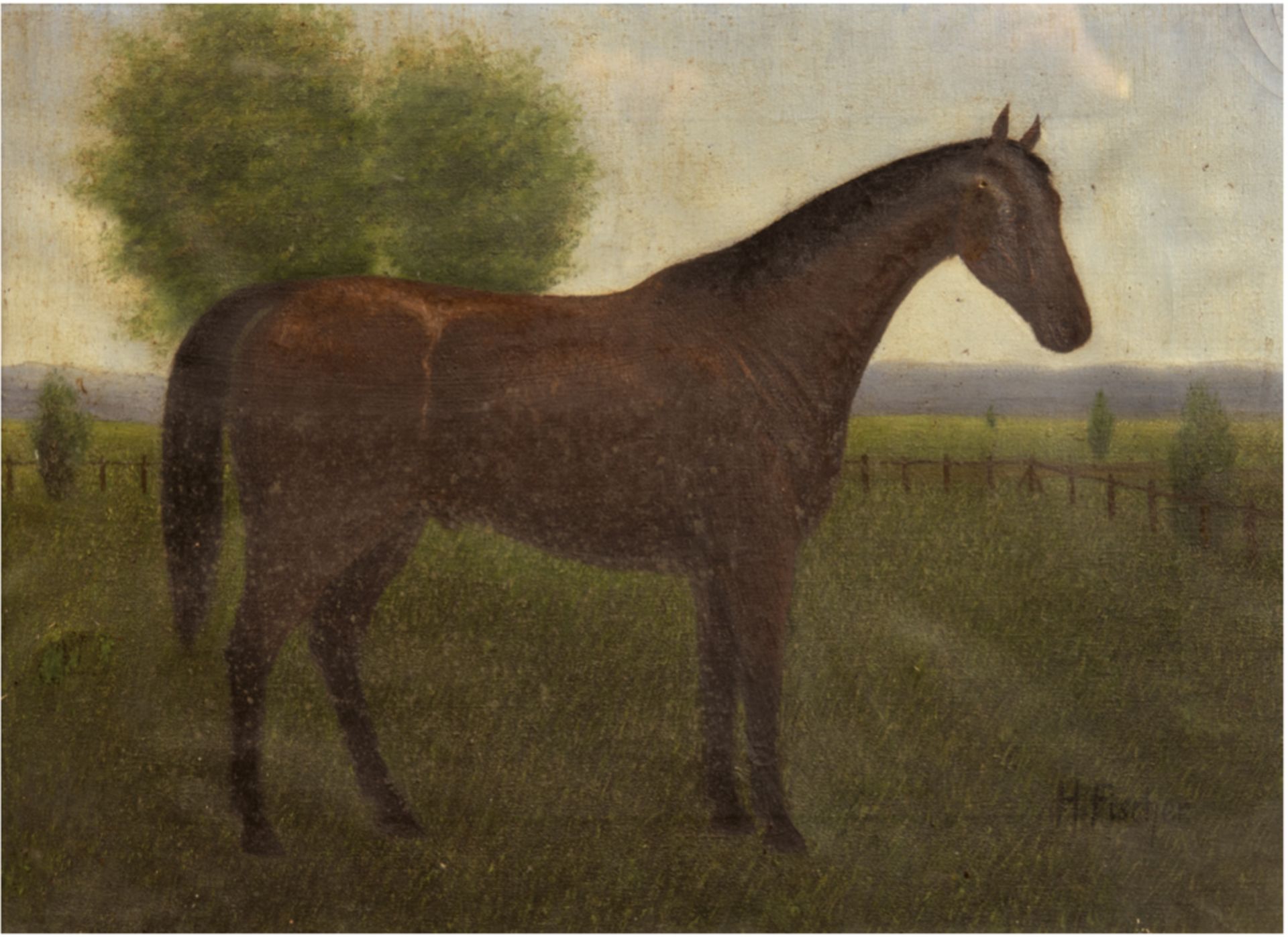 Fischer, H. "Pferd auf der Weide", Öl/Mp., sign. u.r., kl. Farbabplatzungen, 34x46,5 cm,hinter