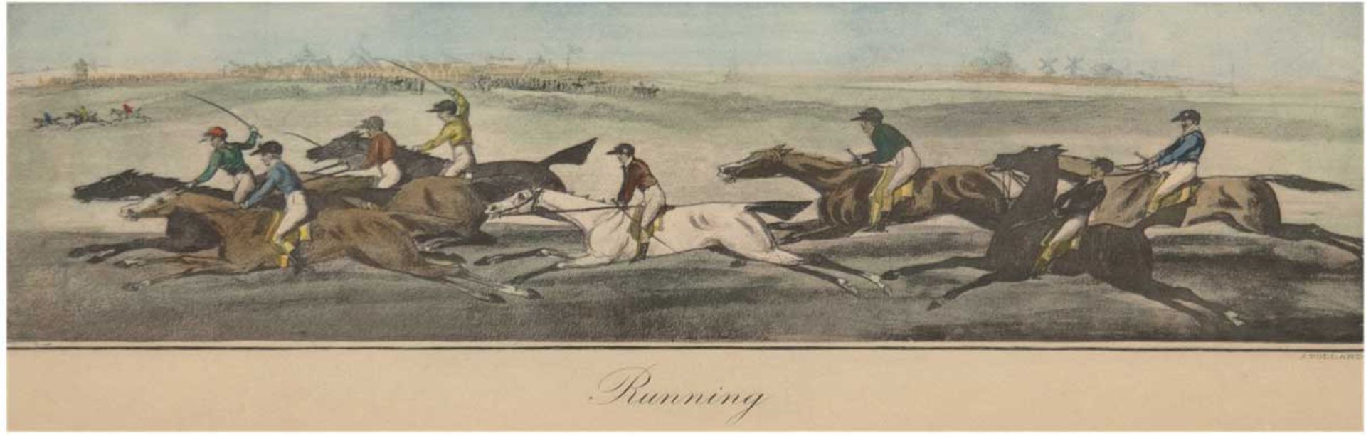 Pollard, James (1792-1867) "Running", Aquatintaradierung, 14x36,5 cm, Blatt 20x44,5 cm,hinter Glas