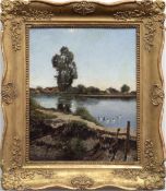 Tölgyessy, Arthur (1853 Szeged- 1920 Budapest) "Flußlandschaft mit Enten", Öl/Holz,signiert u.l.,