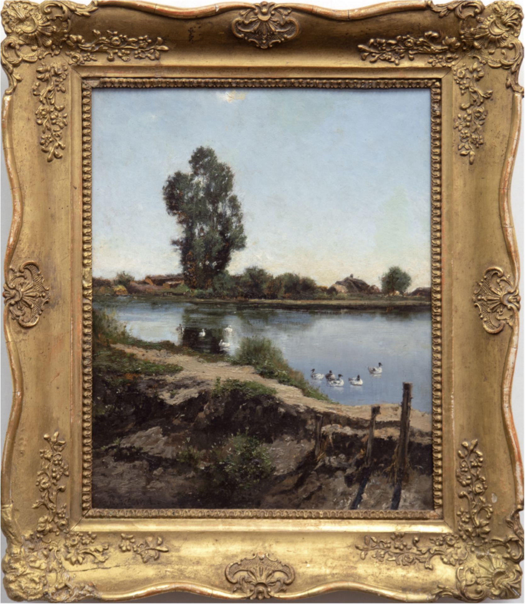 Tölgyessy, Arthur (1853 Szeged- 1920 Budapest) "Flußlandschaft mit Enten", Öl/Holz,signiert u.l.,