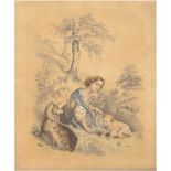 Maler des 19. Jh. "Junge Mutter mit Kleinkind und Zicklein auf Wiesenhang sitzend",Aquarell,