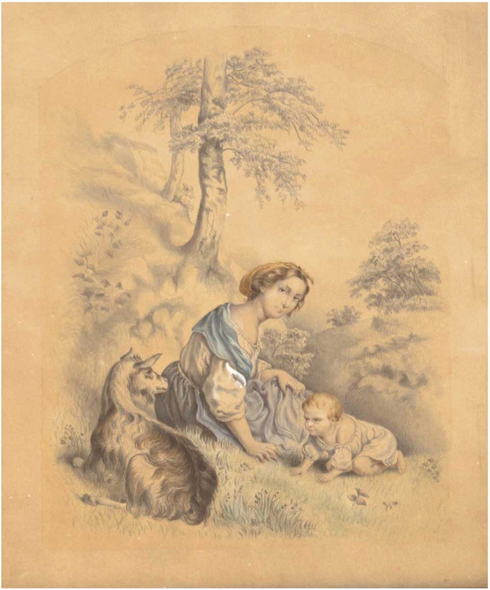 Maler des 19. Jh. "Junge Mutter mit Kleinkind und Zicklein auf Wiesenhang sitzend",Aquarell,