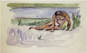 Hauptmann, Ivo (1886 Erkner-1973 Hamburg/Dresden) "Weiblicher Akt am Ufer", Aquarell, 30erJahre,