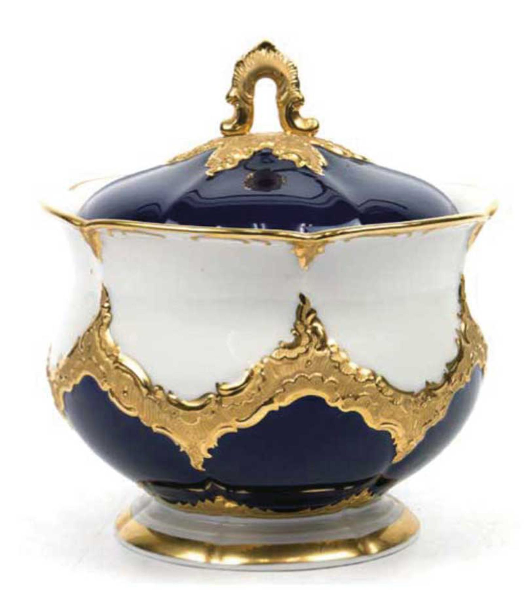 Große Meissen-Bonboniere, B-Form, kobaltblau mit Goldbronze, 1. Wahl, H. 18,5 cm, Dm. 17cm