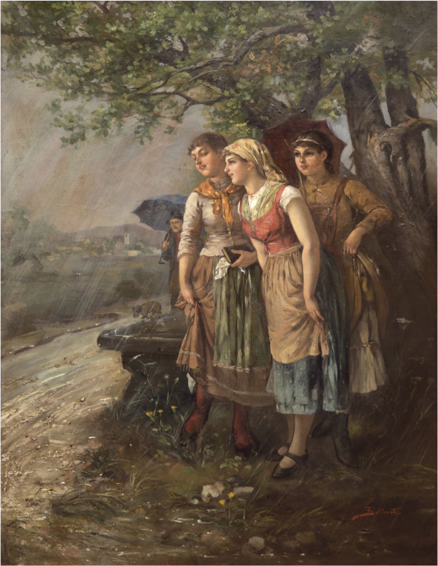 Sellenati, Hans ( auch Johann Baptist 1861 Villach-1935 Mauthen) "Schutz vor dem Regen",Öl/Lw.,