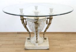 Design-Tisch, 70/80er Jahre, Gußmasse in Marmor- bzw. Steinoptik, vasenförmiger Fuß,4-seitig