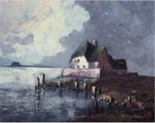 "Halligen bei Nacht", Öl/Lw., undeutl. sign., 1 kl. Hinterlegung, 60x70 cm, Rahmen