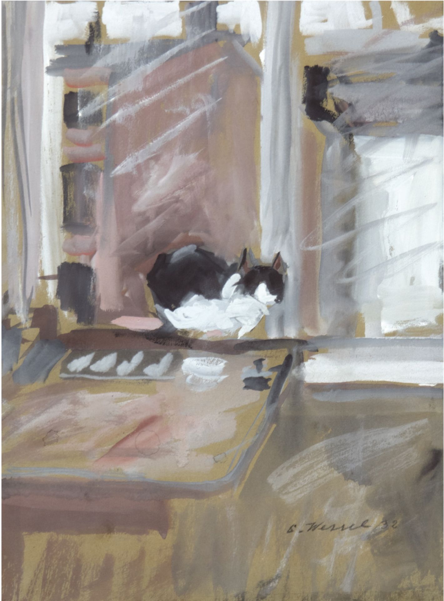 Wessel, Erich (1906 Hamburg-1983 ebenda) "Katze auf der Fensterbank", Aquarell, signiertu.r., kl.