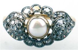 Ring, 750er GG, Brillanten 0,66 ct., in Silberfassung, echte Perle ca. 6mm, RG 56,Innendurchmesser