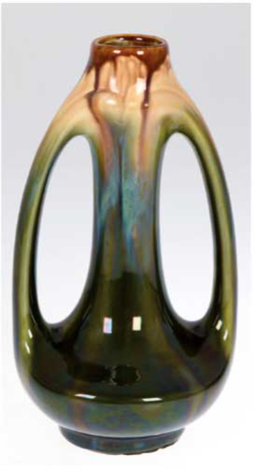 Jugendstil-Vase, um 1925, Keramik, grün, gelb und braun glasiert, H. 23 cm