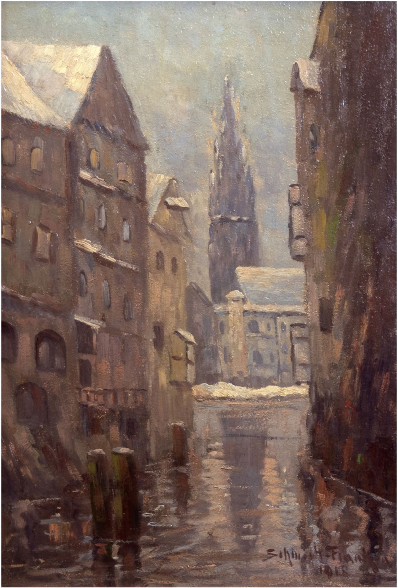 Schmidt-Franken, Maria (1888-1967) "Ansicht von Alt Hamburg mit Blick auf dieNikolaikirche", Öl/Mp.,